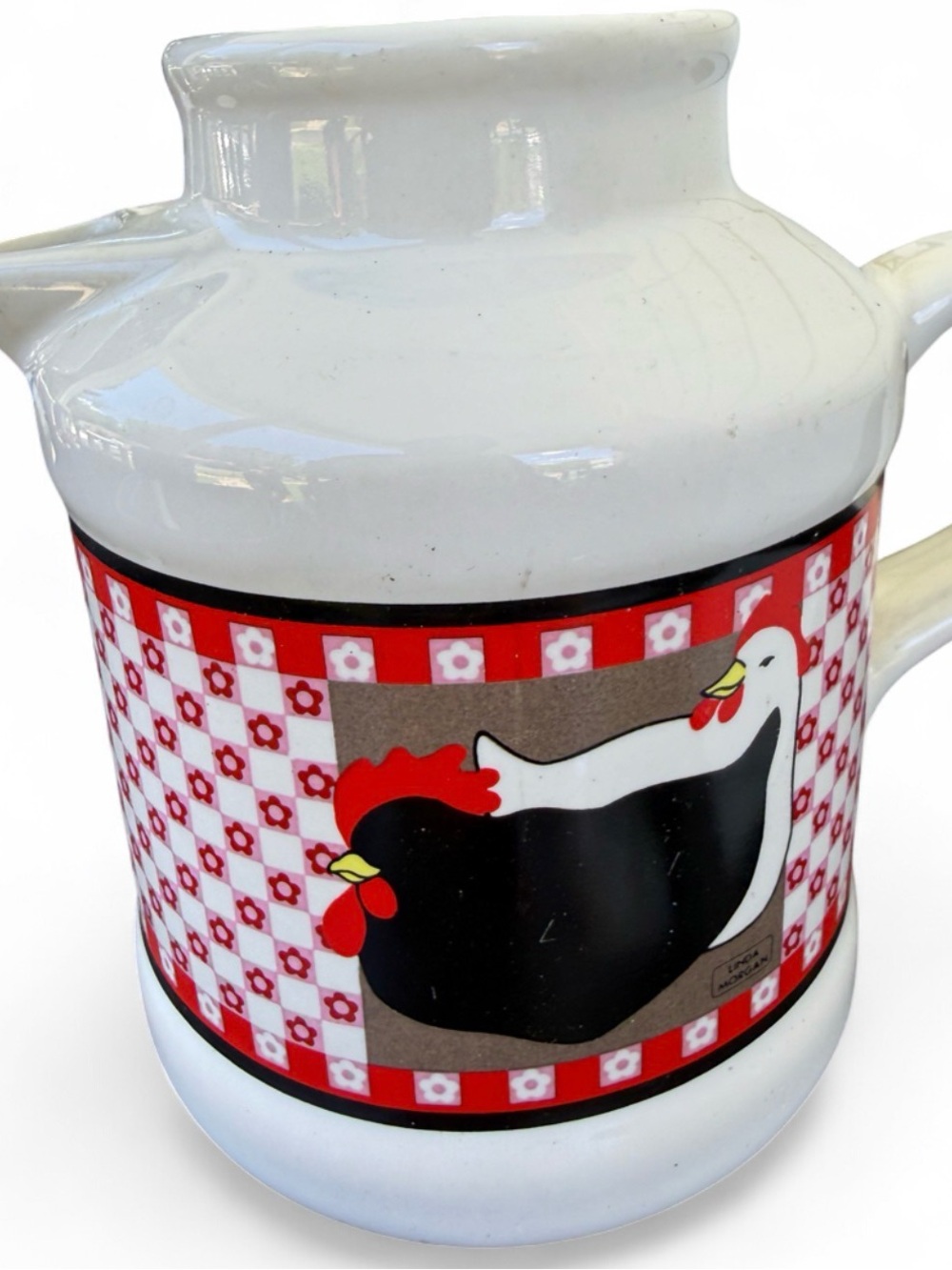 Retro Hen Pitcher with Red & Black Farmhouse Design